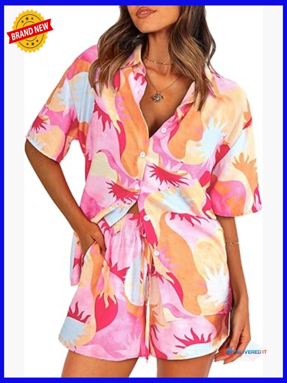 2 Piece Set Women Summer Printed Button Down Shirt Lounge Shorts Beach Vacation